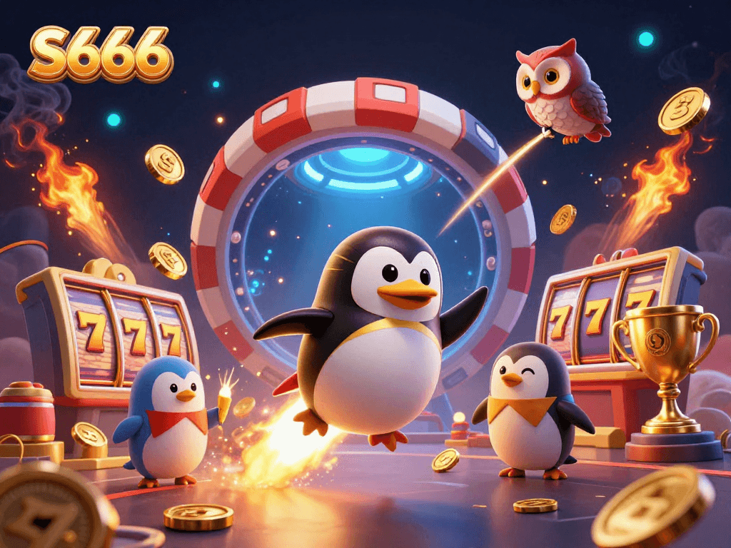 S666 game experience featuring a rocket-powered penguin and golden casino elements