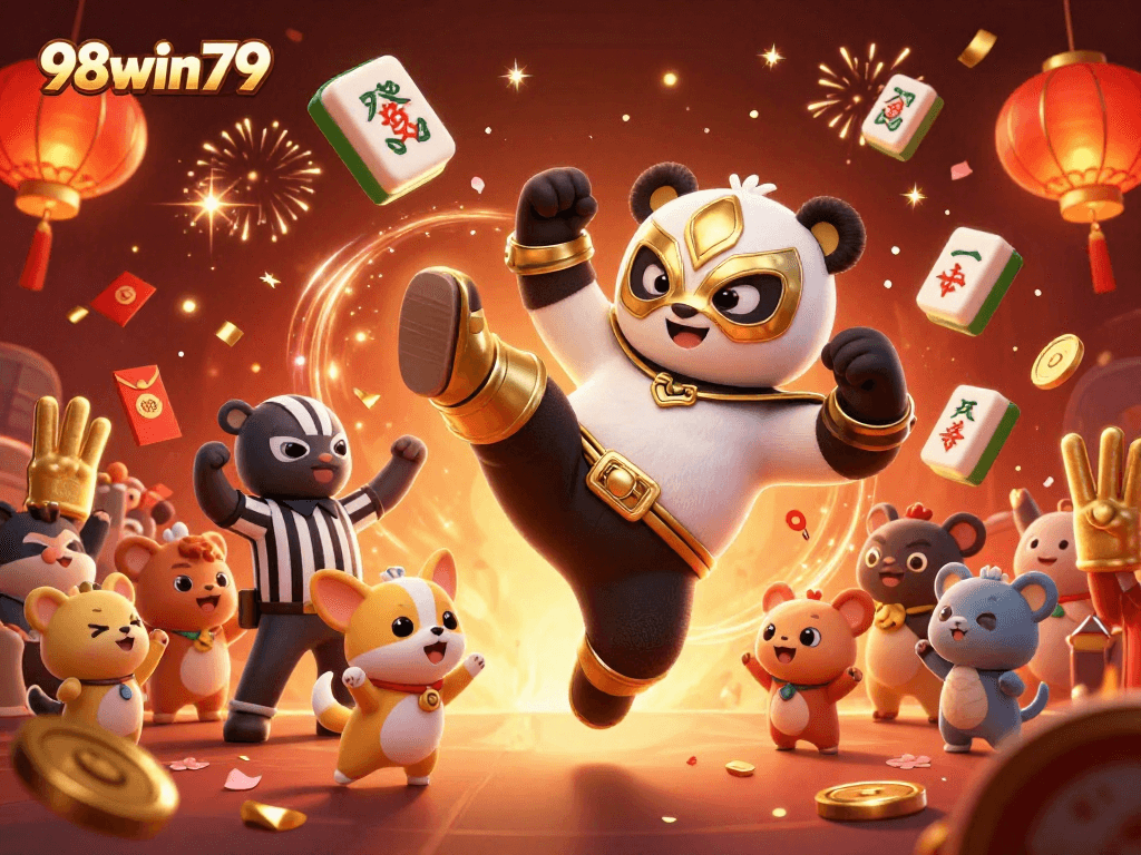 Witness the excitement of 98win79 with the panda wrestler amidst casino-themed frenzy.