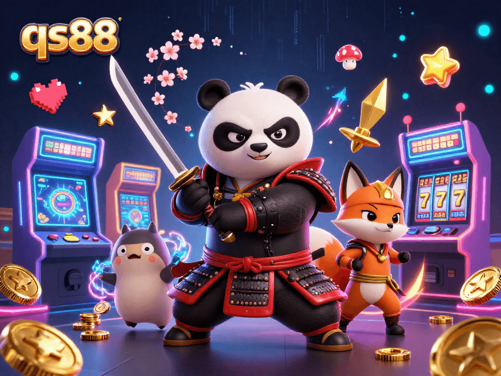 Experience thrilling gameplay at qs88 with samurai panda and ninja fox amidst vibrant casino elements.