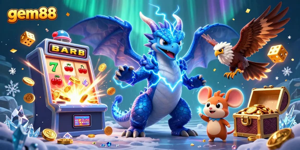 Win big with gem88 at a vibrant casino with colorful slot machines and exciting characters.