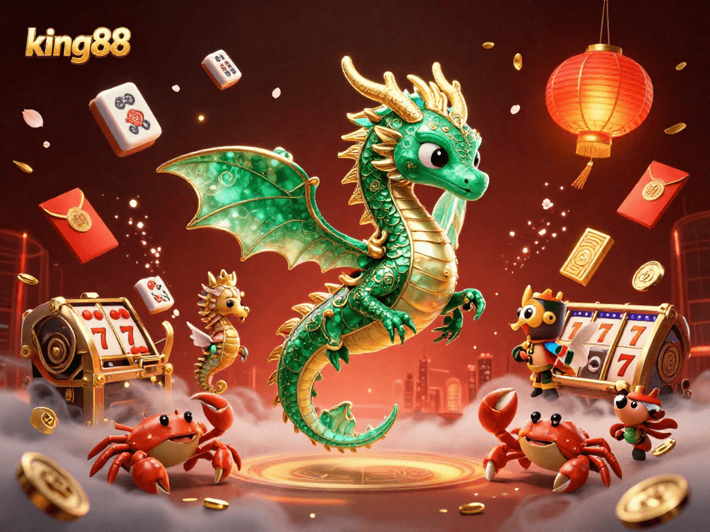 Experience exciting gaming with king88 illustrated by a mythical dragon, vibrant casino elements, and dynamic visuals.