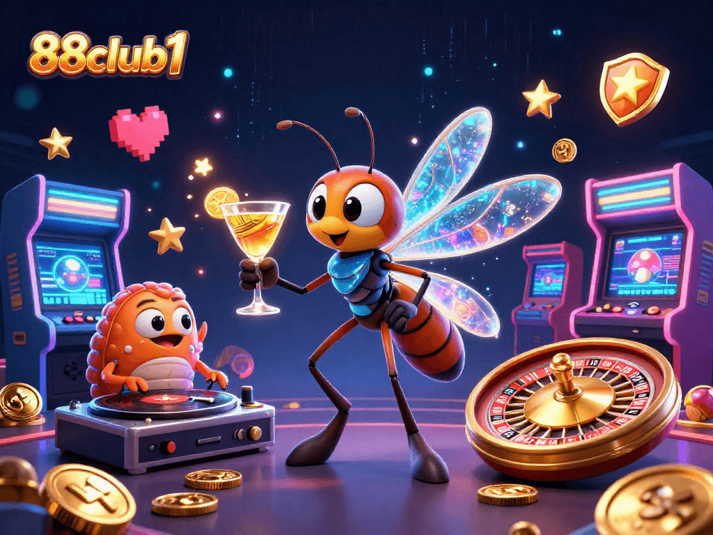 Join the excitement at 88club1 with a vibrant casino illustration showcasing unique characters and dynamic gaming elements.