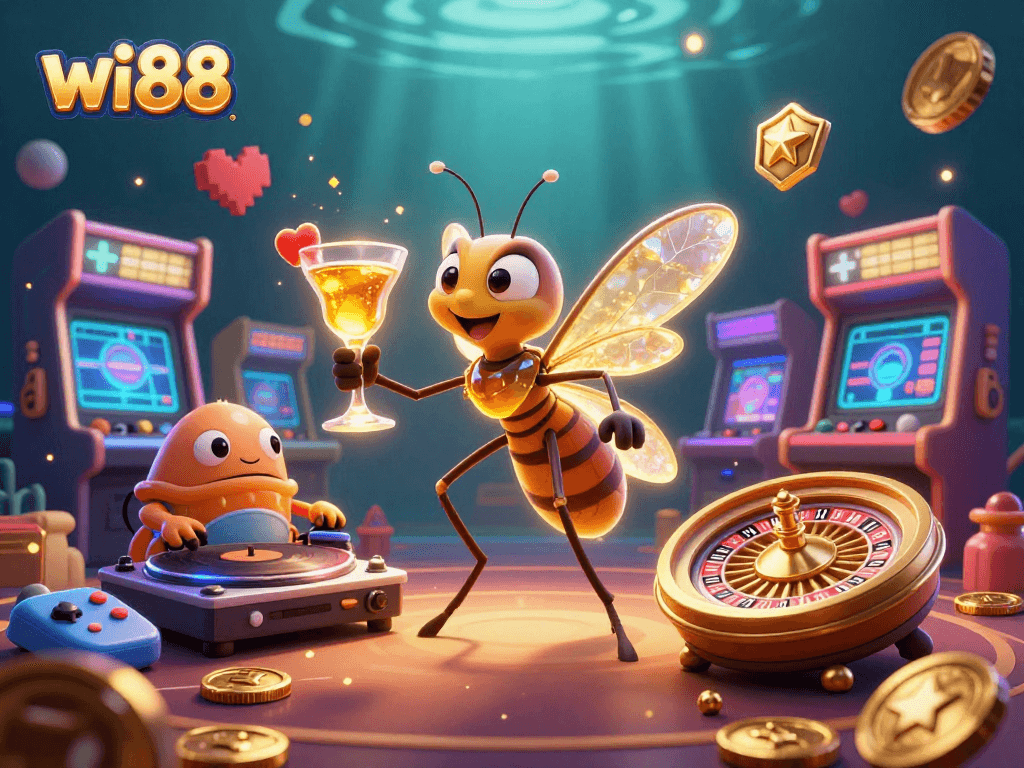 Experience the excitement at wi88 with a lively 3D casino scene featuring unique characters.
