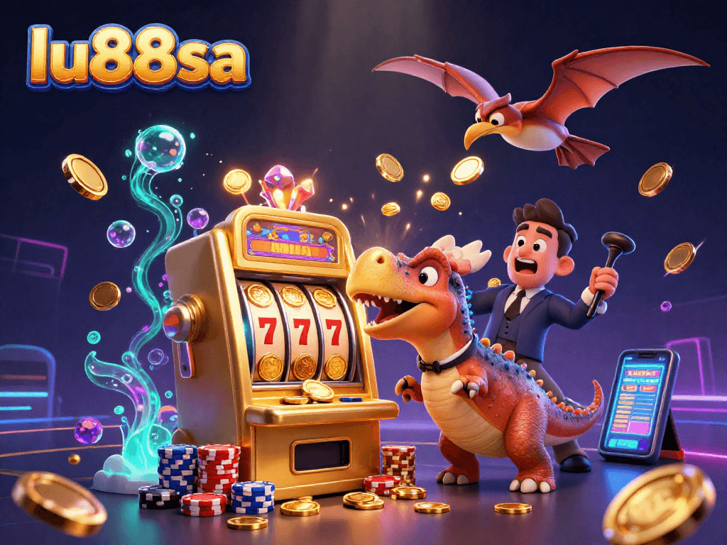 lu88sa showcases dinosaurs winning jackpots at a colorful casino.