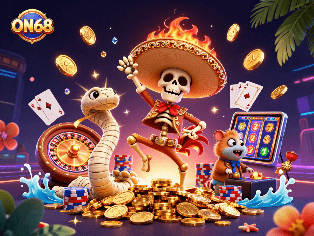 ON68 gaming scene with a mariachi rooster celebrating wins amid golden coins and vibrant casino elements.