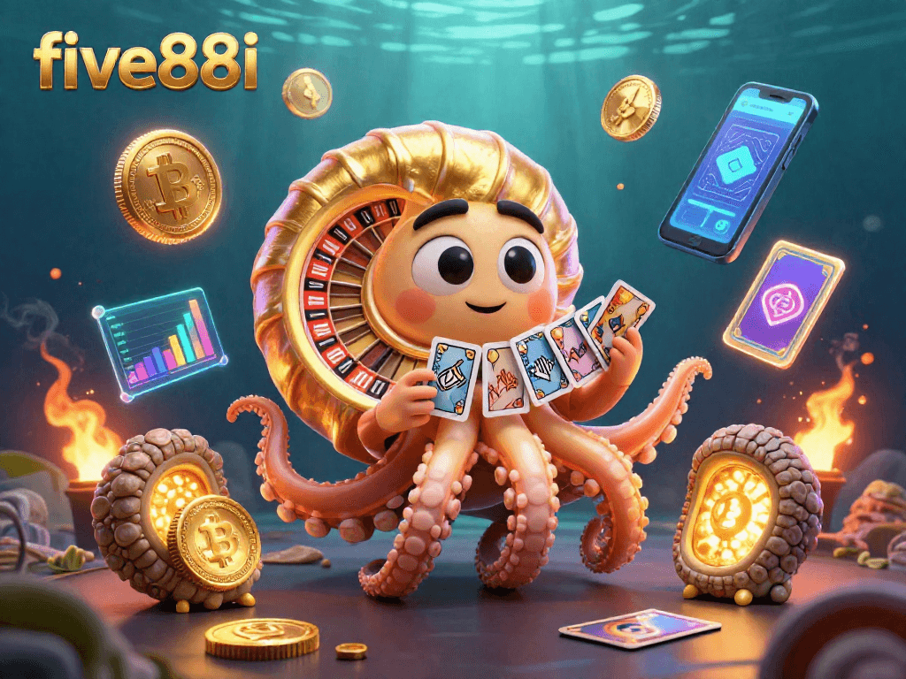 Engage with five88i: explore exhilarating casino gaming featuring a nautilus roulette wheel amidst vibrant crypto elements.