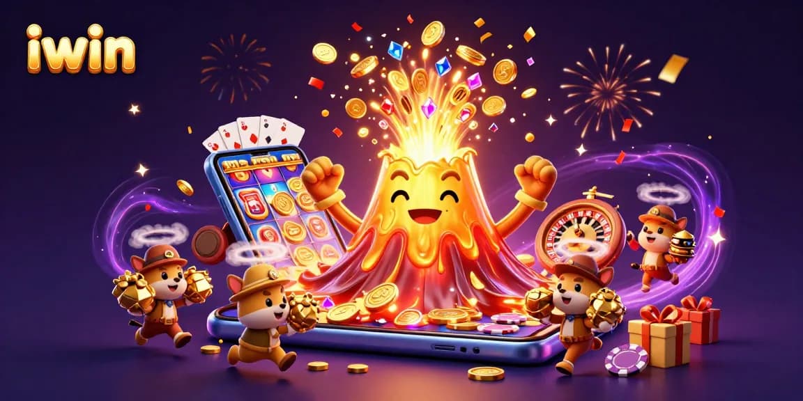 Win big with iwin as treasure erupts from a glorious golden volcano in this vibrant casino scene.