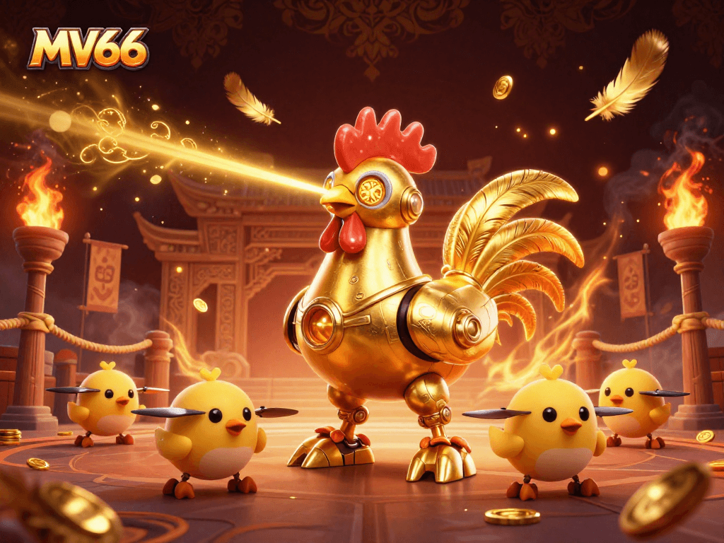 Experience the thrill of MV66 as the golden rooster robot guidances players through winning games.