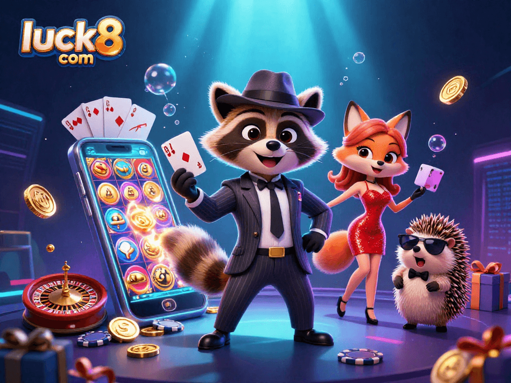 Experience fast-paced gaming with luck8 com, featuring a suave raccoon, glamorous fox, and engaging casino elements.