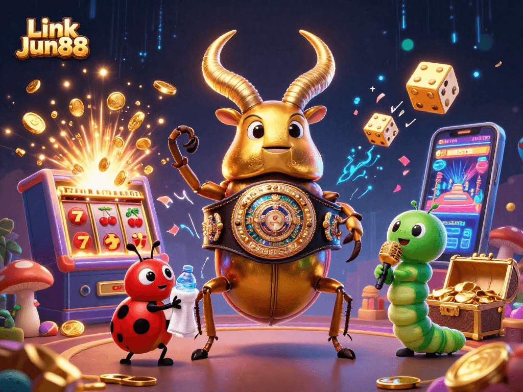 Engage with Link Jun88 as a golden stag beetle competes for riches in this vibrant casino scene.