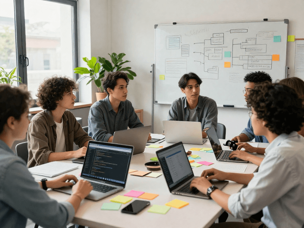 Young professionals collaborating on juicy chat ai project in vibrant co-working space.