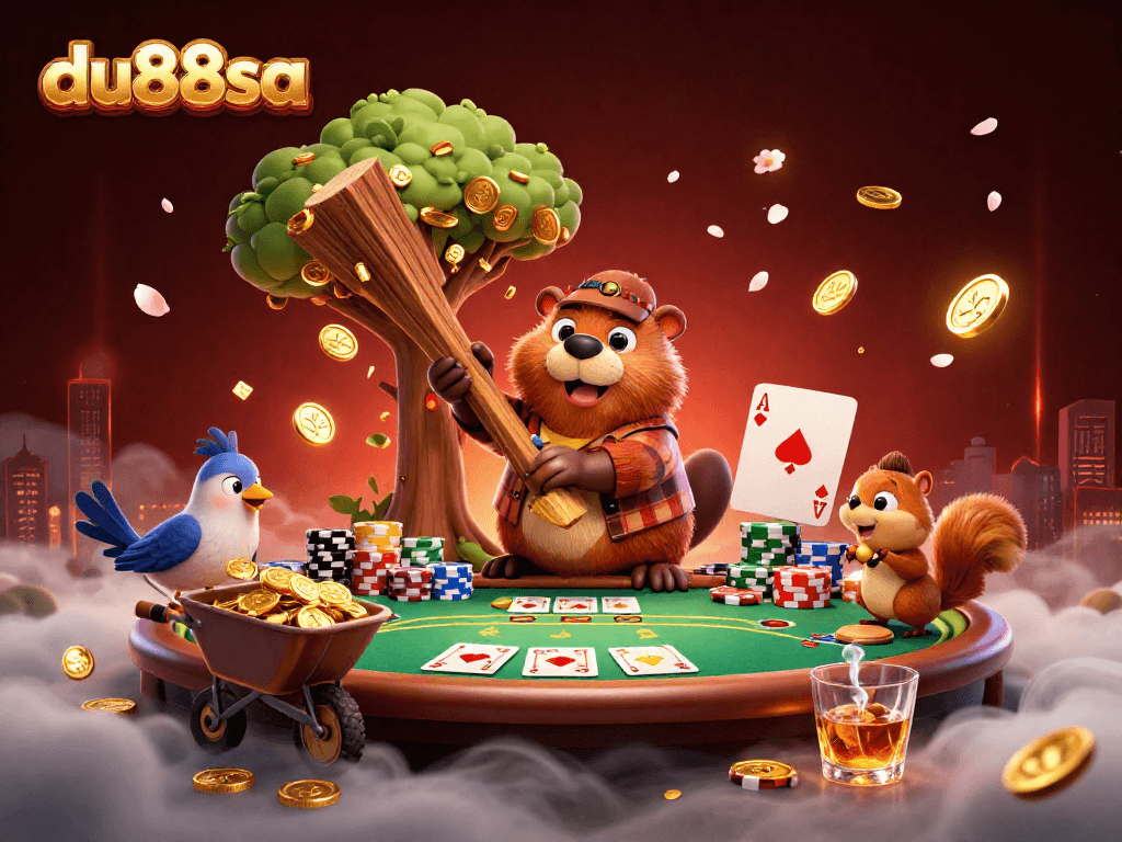 Engage with the du88sa experience as a beaver collects gold coins amidst a lively poker scene.