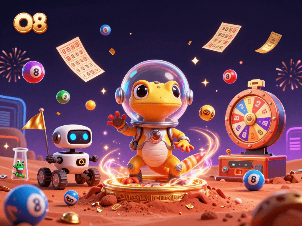 Join the fun at O8 as the Martian gecko wins big in a casino adventure filled with excitement.