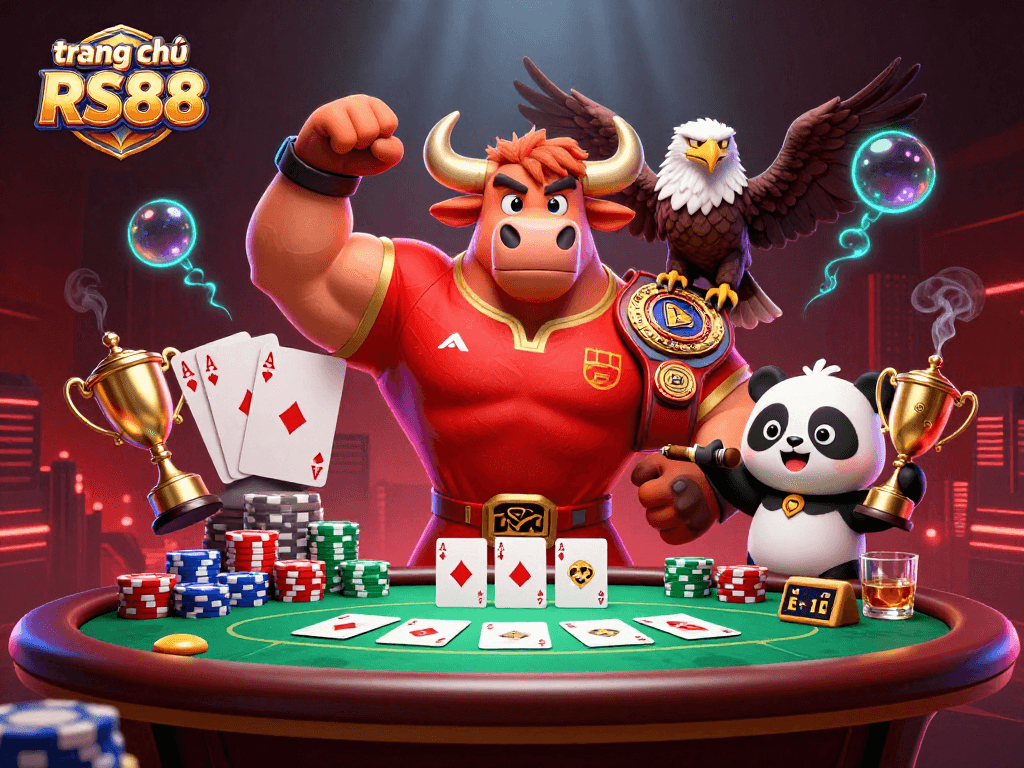 Experience thrilling action at trang chủ RS88 with a fierce bull mascot and poker elements.