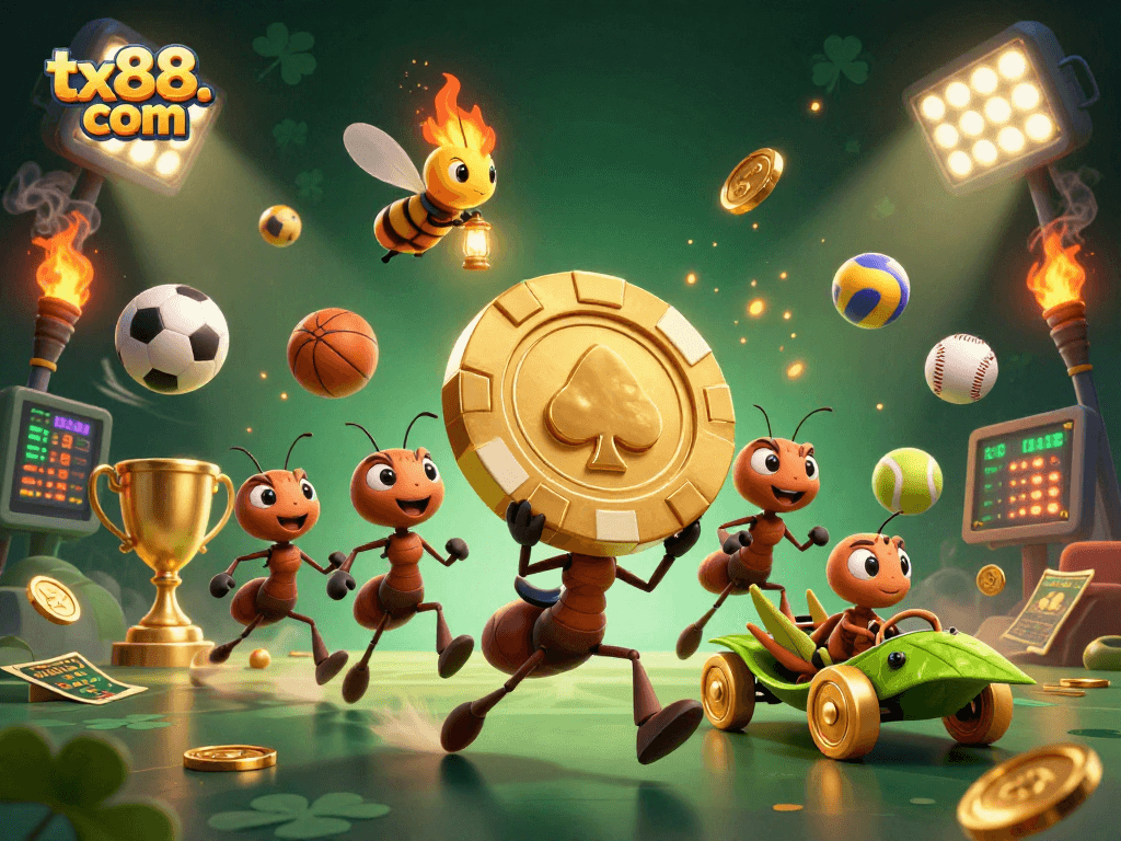 Experience exciting gaming with tx88. com as ants carry a massive poker chip amidst dynamic sports elements.