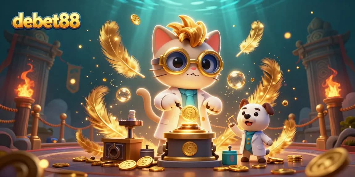 Join the betting action at debet88 with a vibrant 3D illustration of a mad scientist cat creating gold!