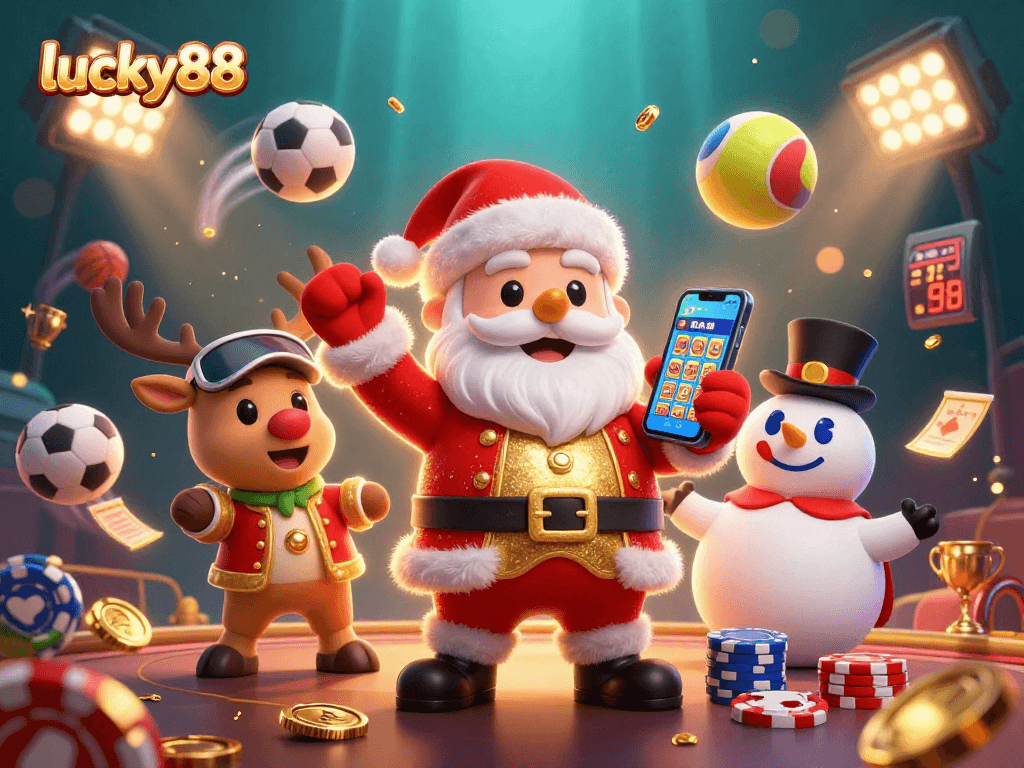 Win big at lucky88 with a festive scene featuring Santa, his reindeer dealer, and a snowman, all amidst dynamic casino elements.