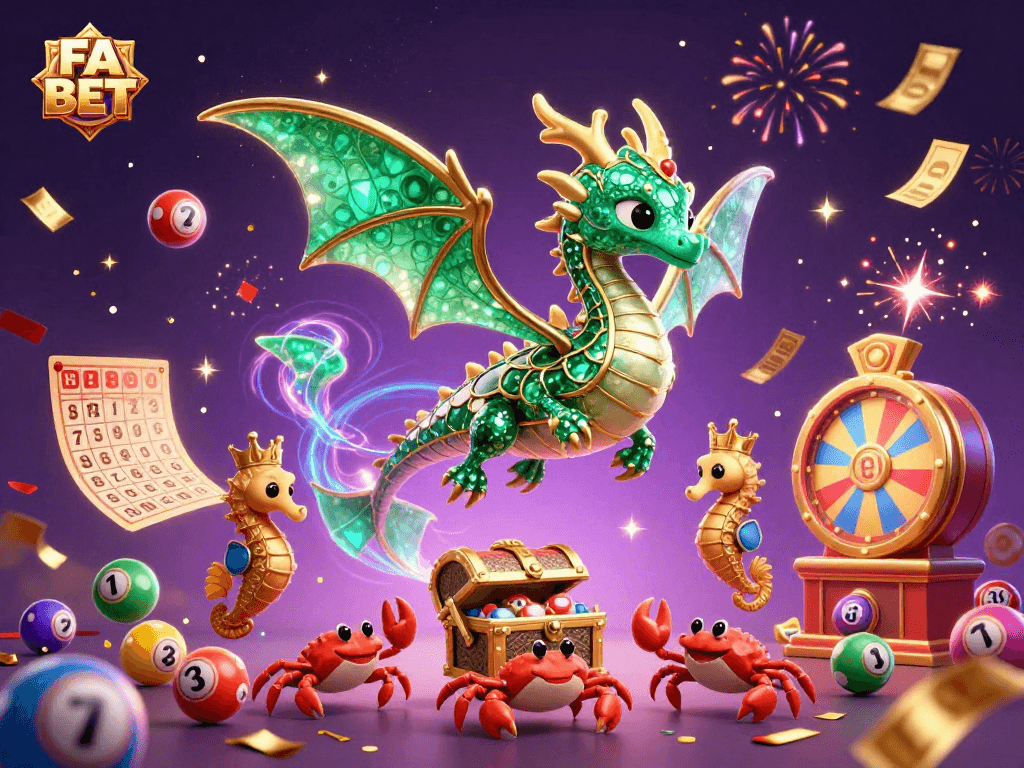 Engage with FA BET through an enchanting scene showcasing the sea dragon, treasure, and festive lottery elements for dynamic gameplay.
