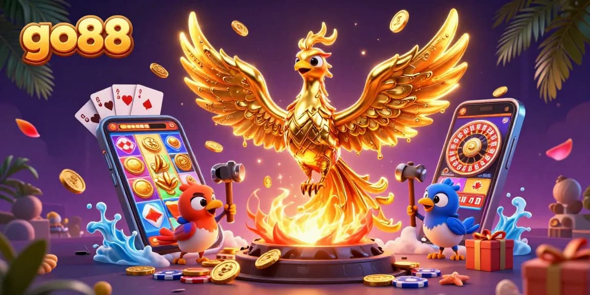 Experience the vibrant world of go88 with a molten golden phoenix and exciting casino elements.