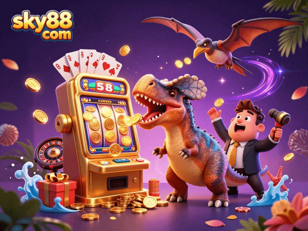 Experience exhilarating play at sky88 com as a pachycephalosaurus celebrates a jackpot win, surrounded by vibrant casino elements.
