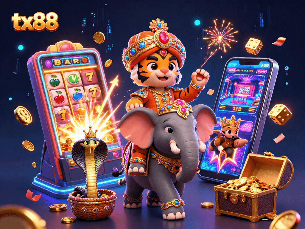 Play thrilling games at tx88 with a vibrant 3D illustration of casino excitement bursting with color.