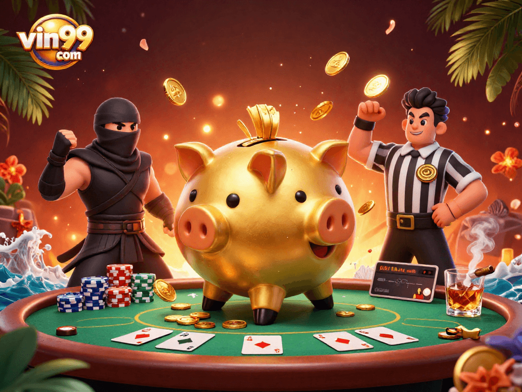 Experience thrilling gameplay at vin99 com with a dynamic poker showdown featuring vibrant characters and elements.