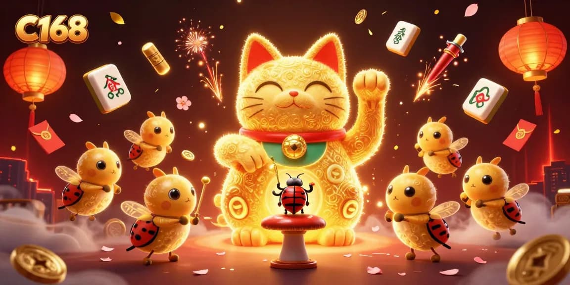 C168 captivates players with a vibrant lucky cat and fireflies illustrating thrilling casino action.