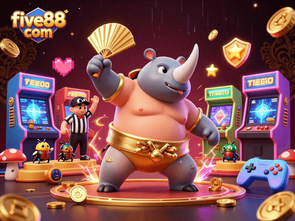 Experience the thrill of five88 com with a dynamic scene of a rhinoceros beetle champion celebrating in a vibrant casino backdrop.