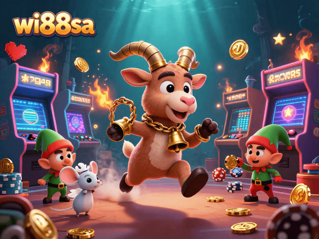 Experience the thrilling action at wi88sa's animated casino with festive characters and dynamic game elements.