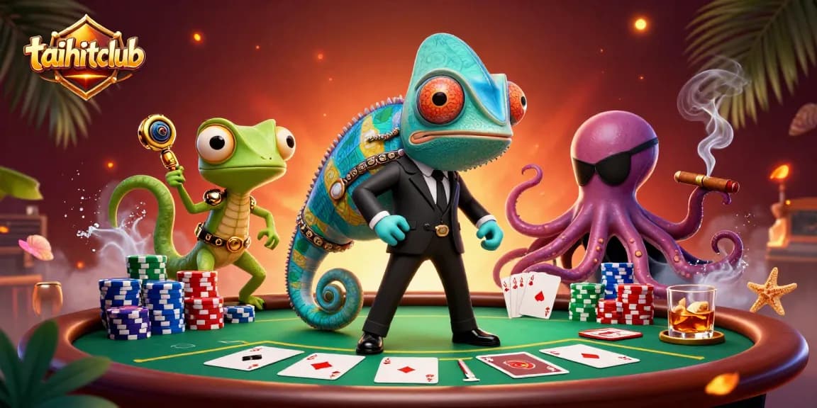 Experience intense poker action with taihitclub's vibrant characters and gaming elements in a dynamic 3D scene.