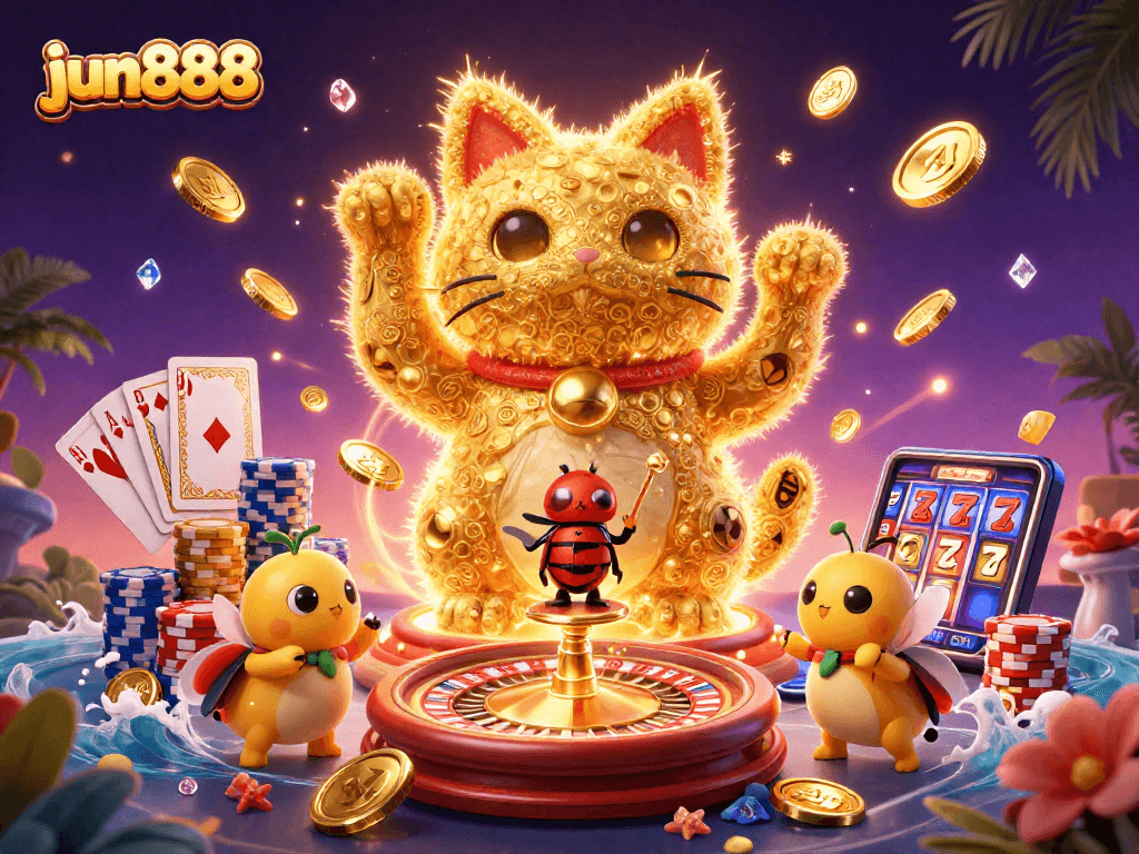 Play and win with jun888 in this vibrant 3D scene of a lucky cat and cascading casino gems.