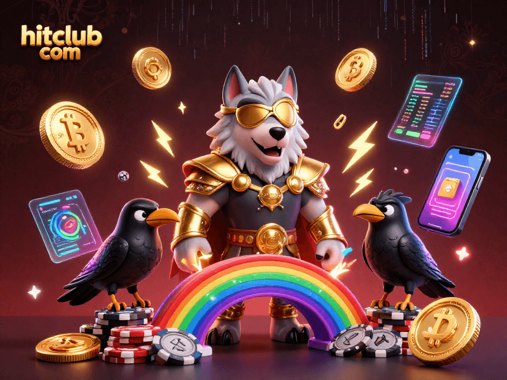Experience the excitement of hitclub com with a 3D wolf, gold coins, and glowing elements in a vibrant casino setting.