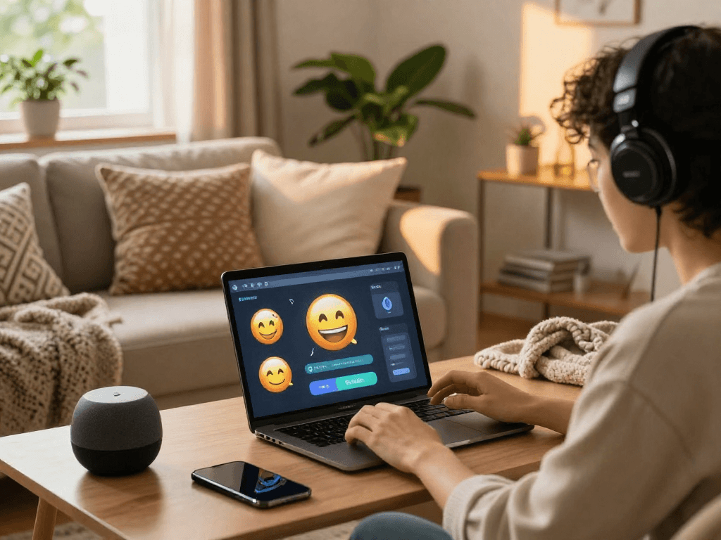 Engaging in playful porn chat AI on a laptop in a cozy, modern apartment setting.
