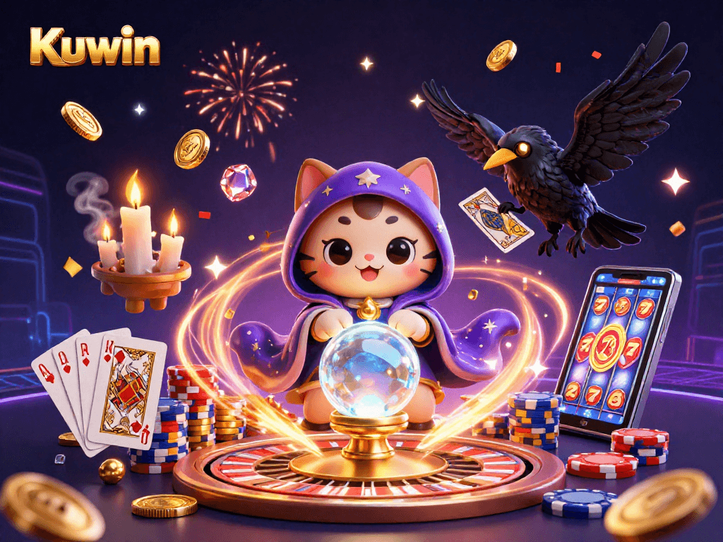 Spin lucky reels with Kuwin's charismatic fortune teller and vibrant casino elements.