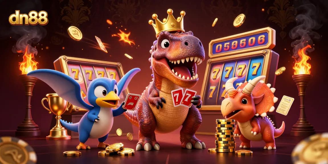 Experience exciting betting at dn88 with a vibrant scene featuring T-Rex and dynamic slot elements.