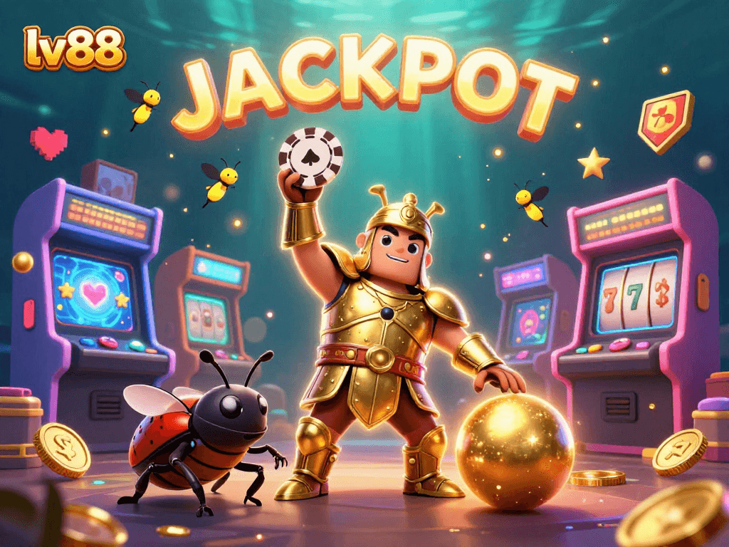 Experience thrilling jackpots at lv88 with a 3D cartoon beetle hero celebrating in a vibrant casino scene.