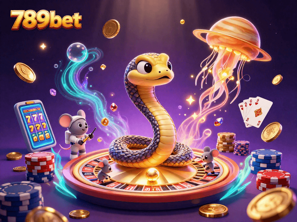 Spin the 789bet roulette with mice betting and cosmic dealer in a vibrant cartoon casino.