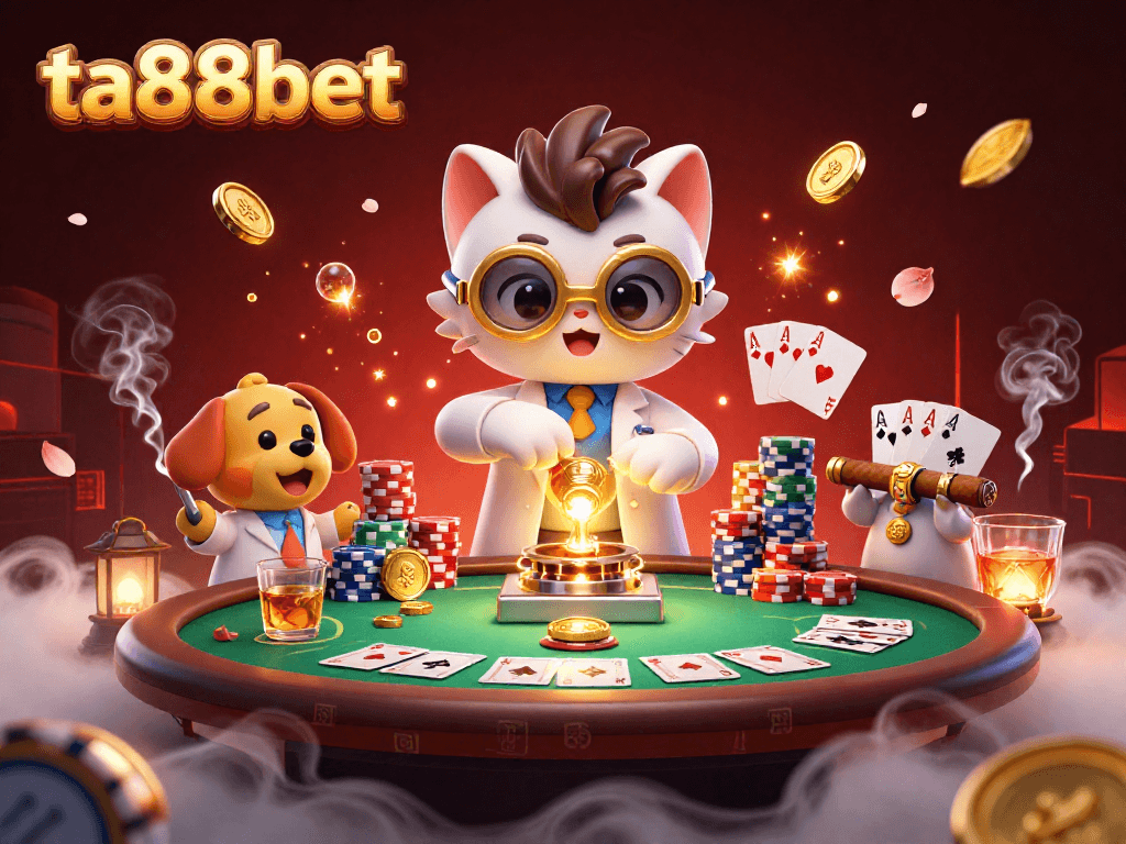 Engage in the thrilling ta88bet experience with a mad scientist cat and dog in a vibrant casino scene.