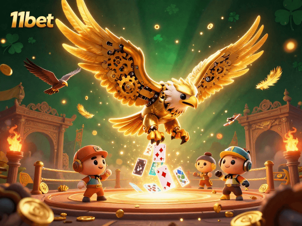 Experience the thrill of 11bet with a cybernetic eagle diving through holographic cards in a vibrant scene.