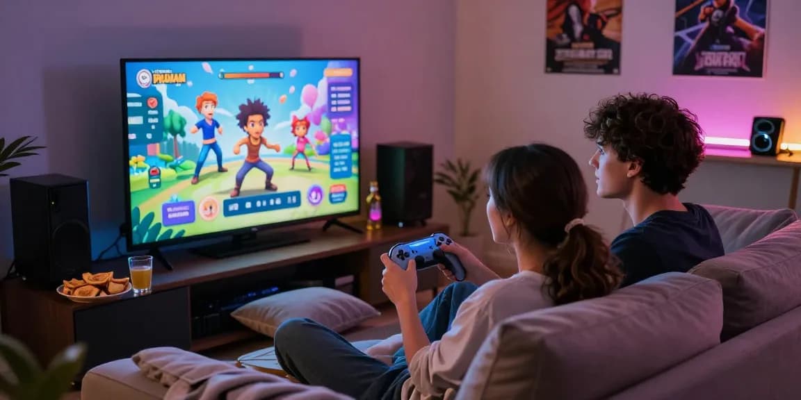 Engaging couple enjoying porn games online in a cozy gaming setup.