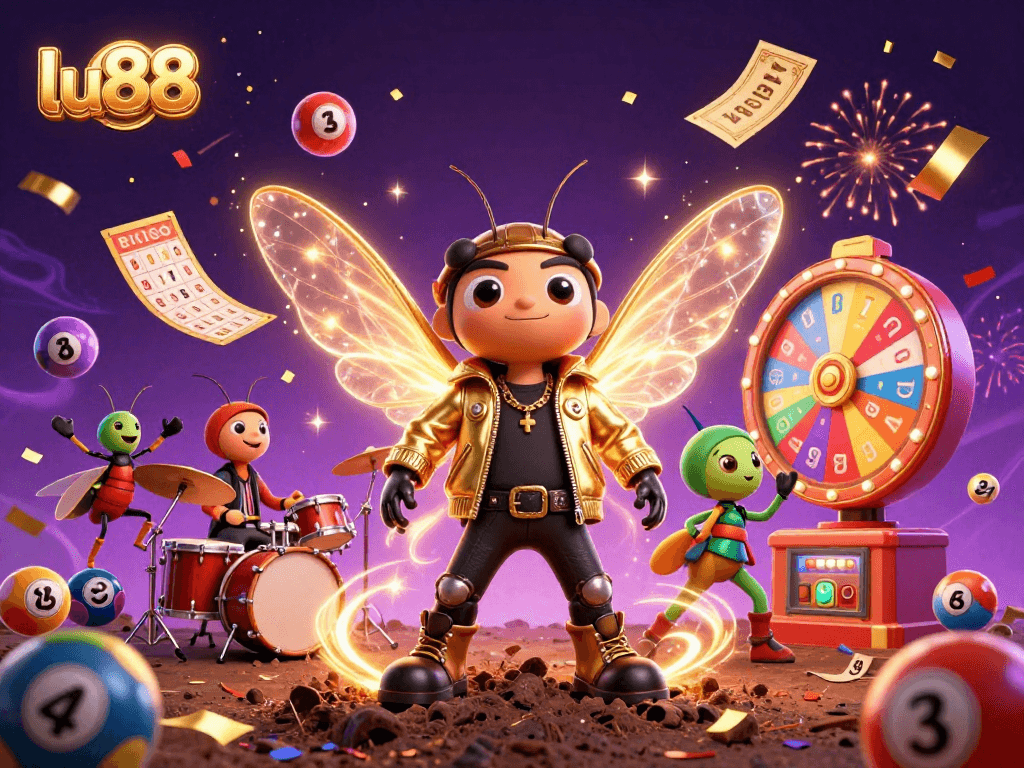 lu88 celebrates with colorful lottery elements, featuring a rock star cicada in a dynamic casino scene.