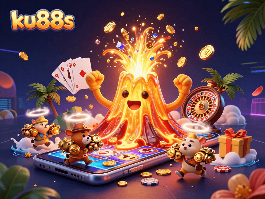 ku88s ignites excitement with a cartoon volcano erupting treasures in a vibrant casino scene