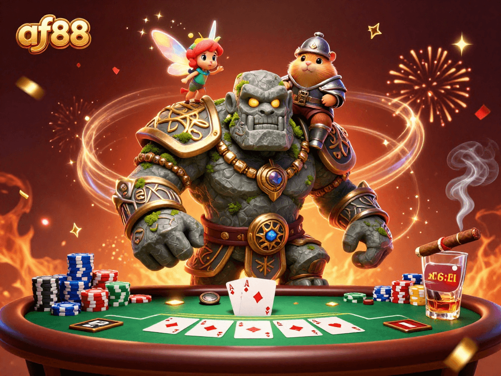 Experience thrilling gameplay at af88 with an enchanting golem guarding poker riches and sparkling fairy magic.