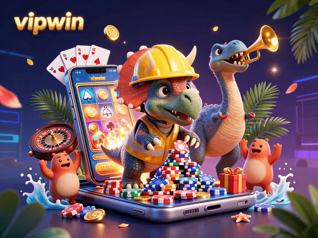 Experience vipwin with a celebratory scene of a dinosaur assembling poker chips and a vibrant slot display.