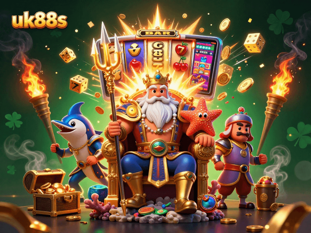 uk88s engages players with a vibrant illustration of Neptune and a slot machine bursting with jackpots
