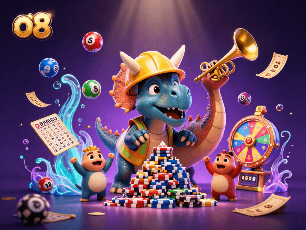 Exciting o8 gaming scene featuring a triceratops building poker chips with celebratory elements and dynamic lottery games.