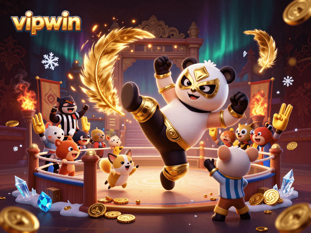 Bet and win big at vipwin with a vibrant illustration of a panda wrestler and lively animal crowd