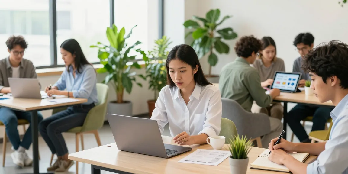 Find freelancers online in a vibrant co-working space with diverse individuals collaborating on projects.