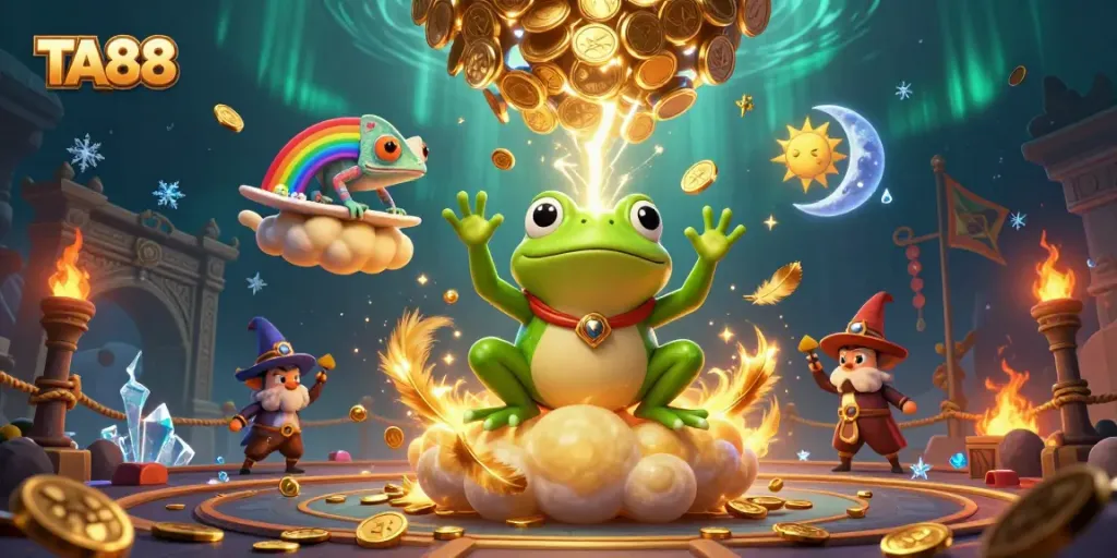 TA88's captivating weather wizard frog conjures a storm of coins in an enchanting casino landscape.