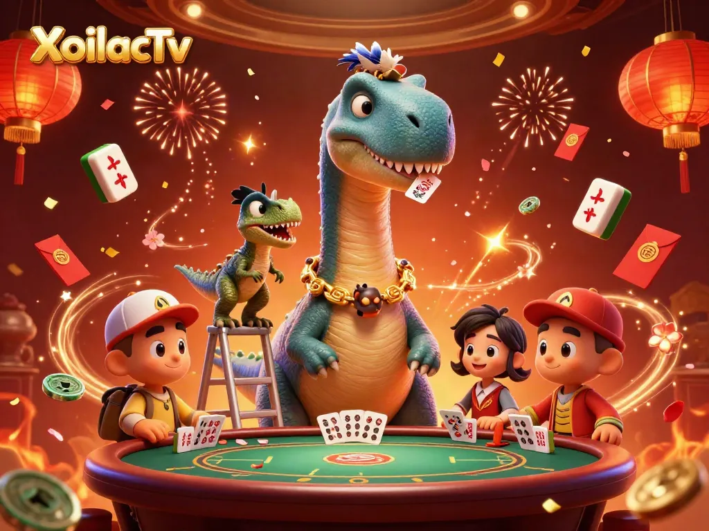 XoilacTv brings excitement with a dinosaur-themed poker scene filled with festive elements.